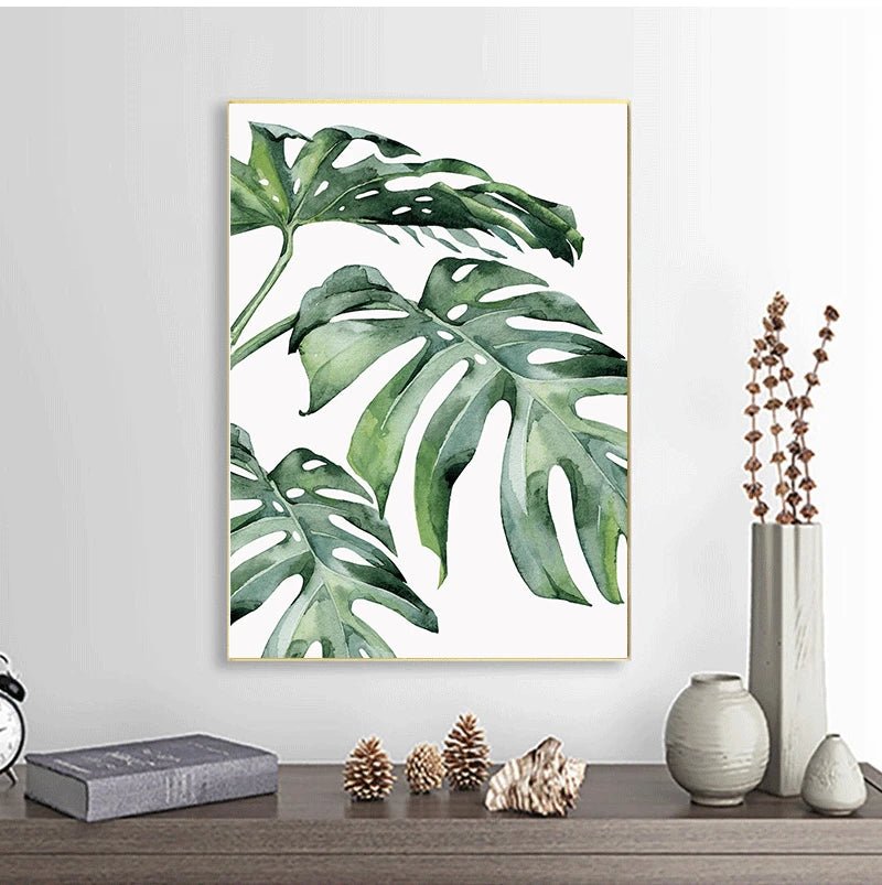 Scandinavian Tropical Leaves Canvas Poster — Unframed Green Botanical Wall Art in 11 Sizes