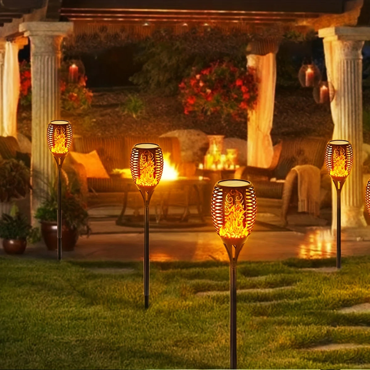Solar Flame Torch Garden Light — 12-LED Flickering Dusk-to-Dawn Outdoor Stake Lamp, 1 to 12 Pack