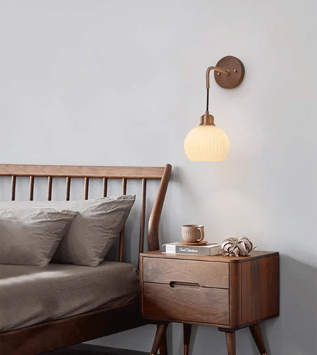 Japanese Retro Copper Wall Lamp — Walnut Wood & Frosted Glass Sconce for Bedroom & Hallway