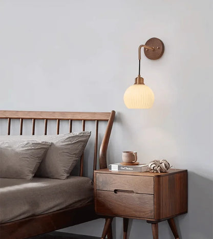 Japanese Retro Copper Wall Lamp — Walnut Wood & Frosted Glass Sconce for Bedroom & Hallway