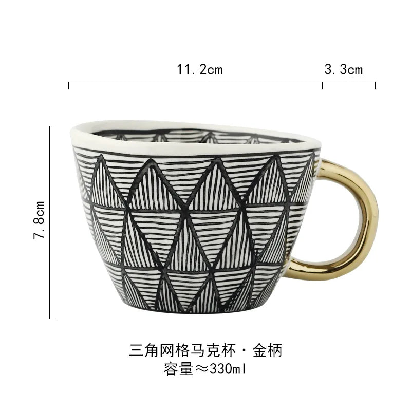 Hand-Painted Geometric Ceramic Mug with Gold Handle — Handmade Irregular Cup for Coffee & Tea