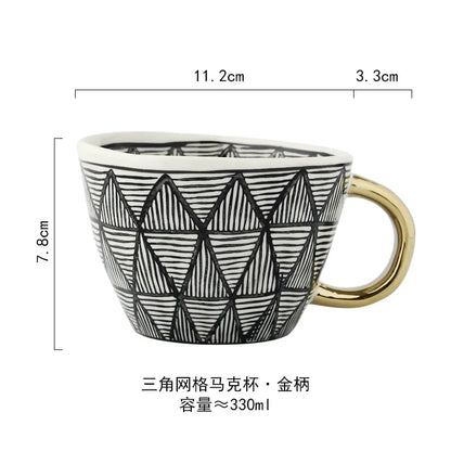 Hand-Painted Geometric Ceramic Mug with Gold Handle — Handmade Irregular Cup for Coffee & Tea