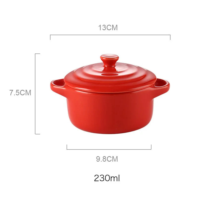 Ceramic Double Ear Bowl with Lid — Glazed Baking Bowl for Steamed Eggs, Soup & Pudding