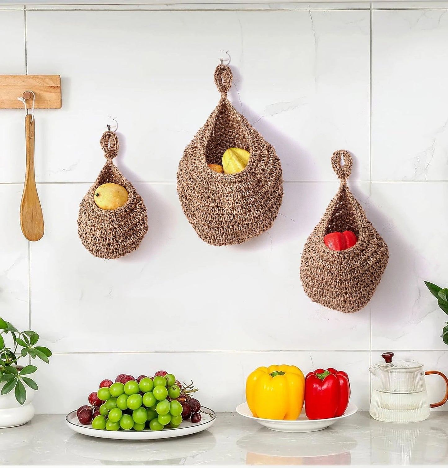 Handwoven Hanging Wall Basket — Natural Plant Fiber Fruit, Vegetable & Plant Organizer