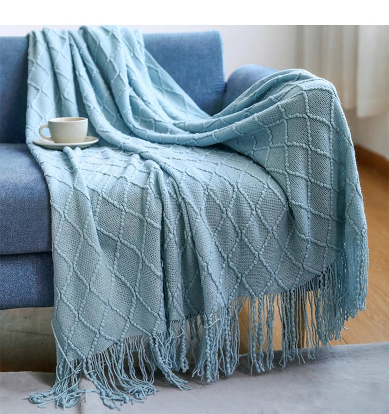 Diamond Knit Throw Blanket with Tassels | Boho Woven Acrylic Blanket