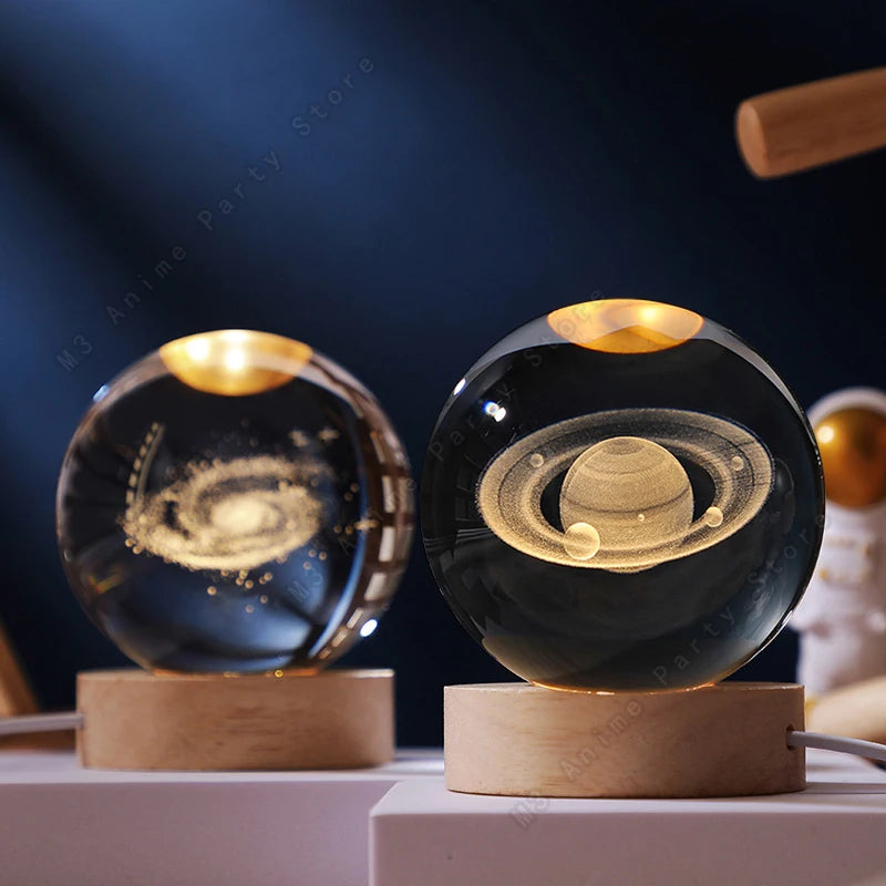 3D Crystal Ball Galaxy Night Light — Laser Engraved LED Lamp with Wooden Base