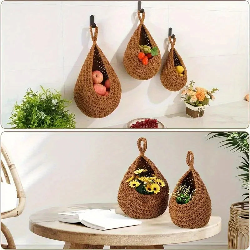 Handwoven Hanging Wall Basket — Natural Plant Fiber Fruit, Vegetable & Plant Organizer