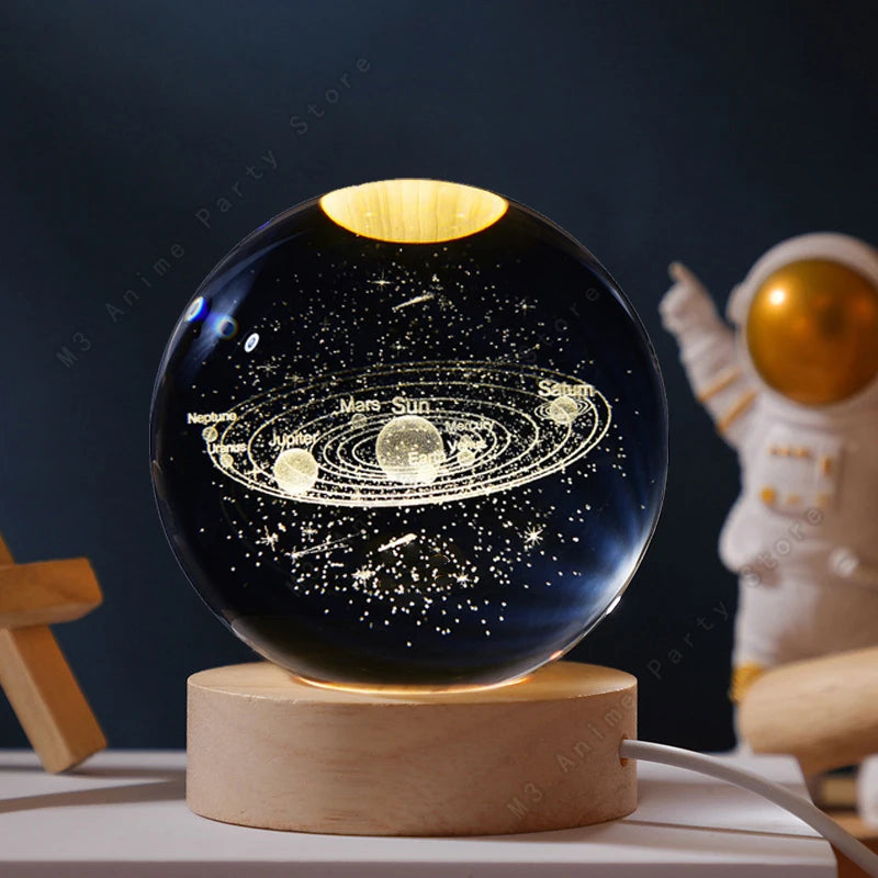 3D Crystal Ball Galaxy Night Light — Laser Engraved LED Lamp with Wooden Base