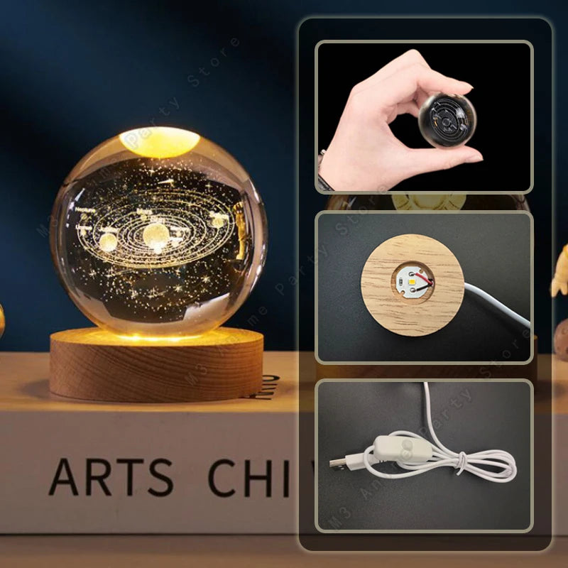 3D Crystal Ball Galaxy Night Light — Laser Engraved LED Lamp with Wooden Base