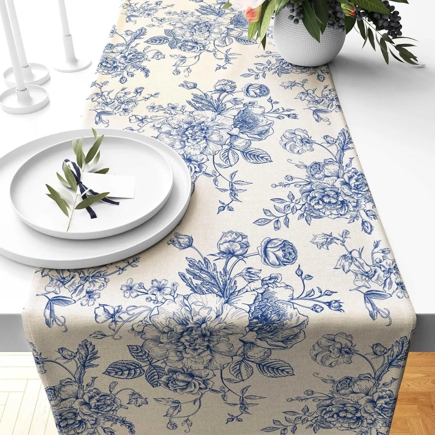 Chinoiserie Blue Flower Table Runner — Reusable Printed Linen-Look Runner for Dining & Holiday Decor