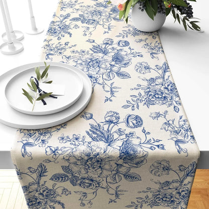 Chinoiserie Blue Flower Table Runner — Reusable Printed Linen-Look Runner for Dining & Holiday Decor
