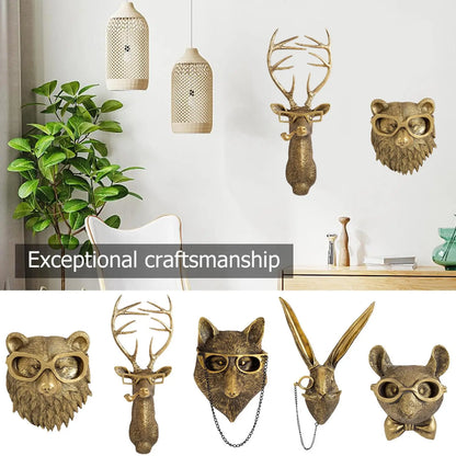 Resin Animal Head Wall Sculpture Set — Whimsical Golden Wall Hanging Decor for Living Room & Bedroom