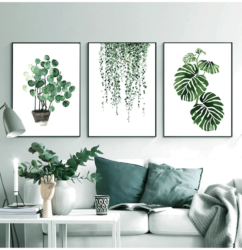Scandinavian Tropical Leaves Canvas Poster — Unframed Green Botanical Wall Art in 11 Sizes