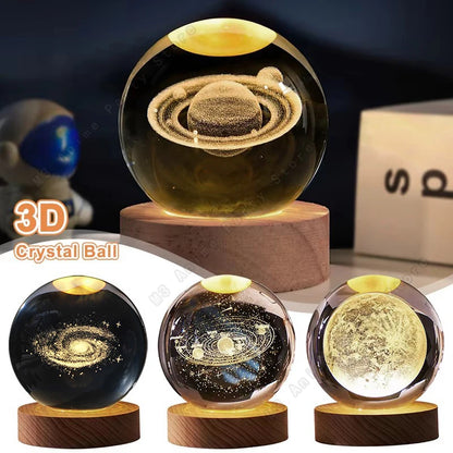 3D Crystal Ball Galaxy Night Light — Laser Engraved LED Lamp with Wooden Base
