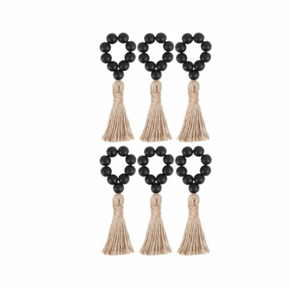 Farmhouse Wooden Bead Napkin Rings — Set of 6 with Tassel String | Handmade Table Decor
