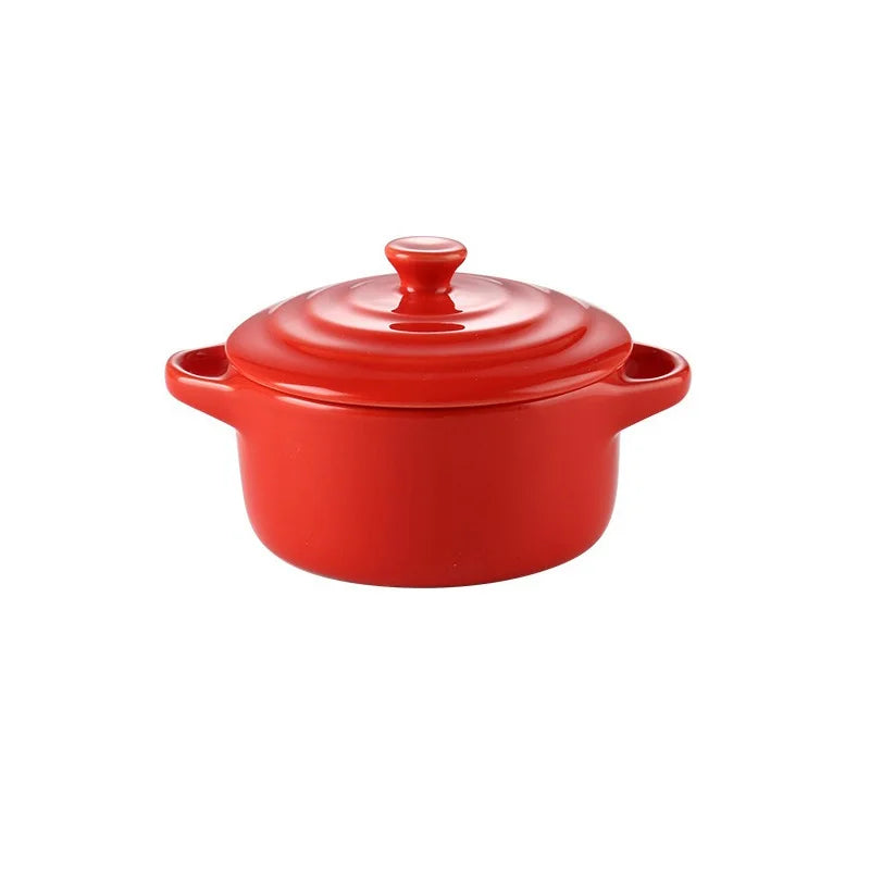 Ceramic Double Ear Bowl with Lid — Glazed Baking Bowl for Steamed Eggs, Soup & Pudding