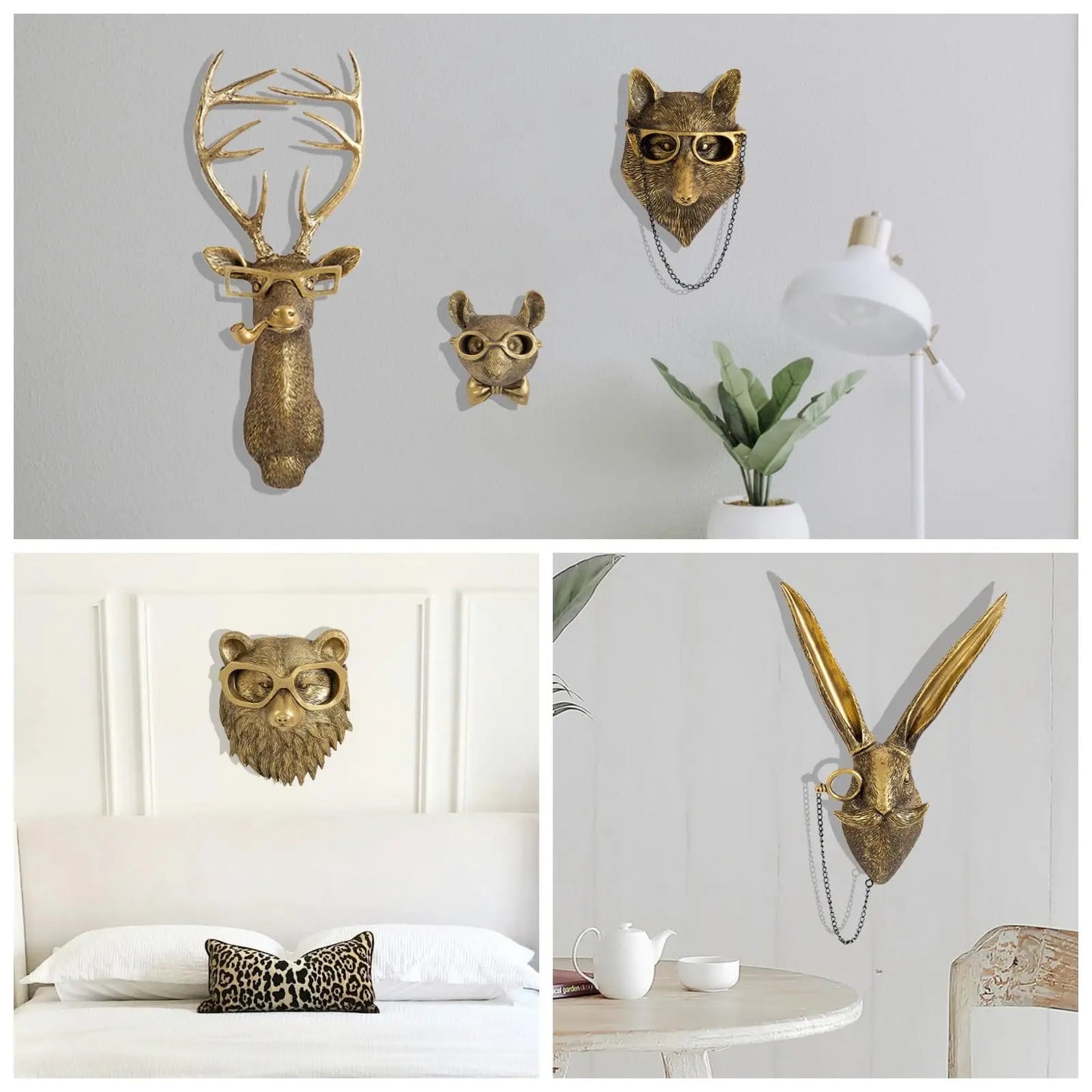 Resin Animal Head Wall Sculpture Set — Whimsical Golden Wall Hanging Decor for Living Room & Bedroom