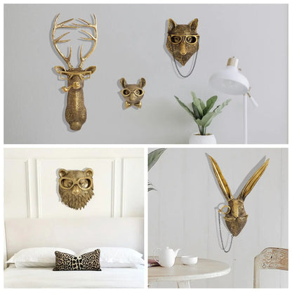 Resin Animal Head Wall Sculpture Set — Whimsical Golden Wall Hanging Decor for Living Room & Bedroom