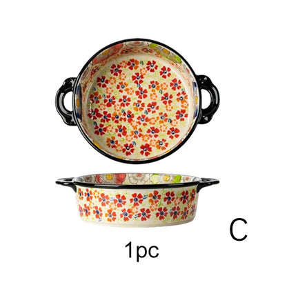 Hand-Painted Floral Porcelain Baking Dish Set — Oven Safe Au Gratin Dish with Handles in 3 Designs