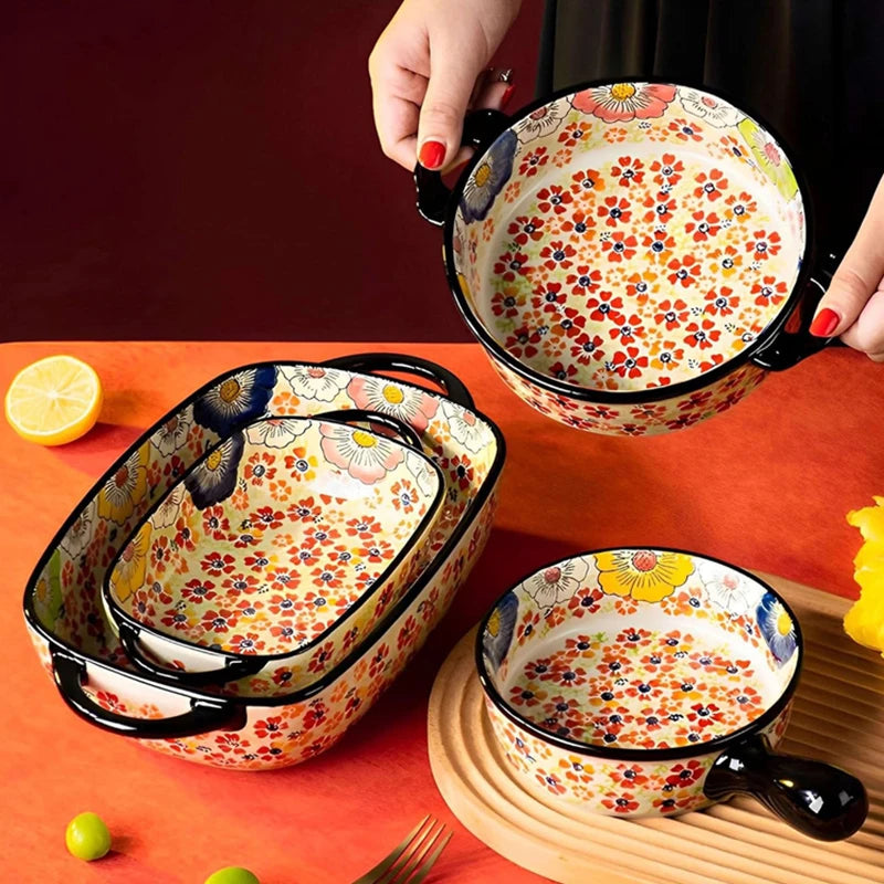 Hand-Painted Floral Porcelain Baking Dish Set — Oven Safe Au Gratin Dish with Handles in 3 Designs