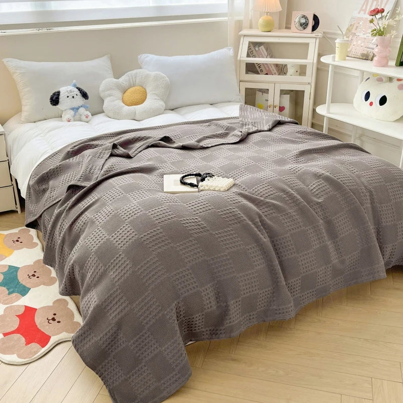 100% Cotton Waffle Knit Throw Blanket — Soft Breathable Sofa & Bed Throw
