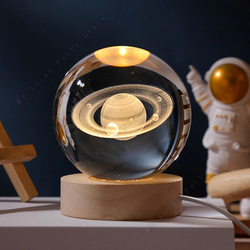 3D Crystal Ball Galaxy Night Light — Laser Engraved LED Lamp with Wooden Base