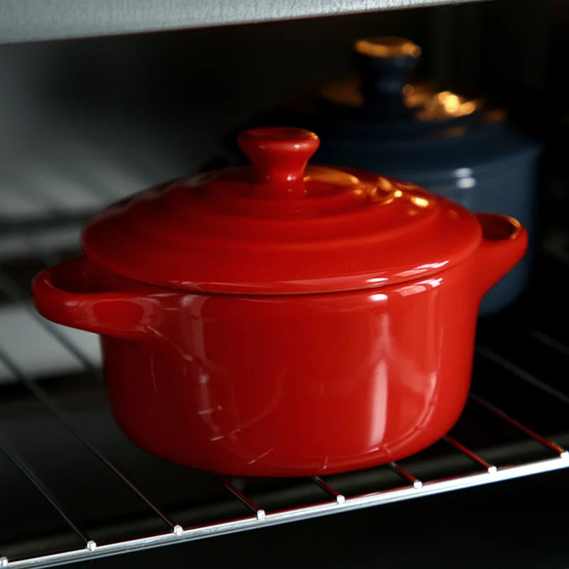 Ceramic Double Ear Bowl with Lid — Glazed Baking Bowl for Steamed Eggs, Soup & Pudding