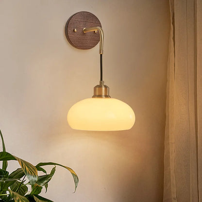 Japanese Retro Copper Wall Lamp — Walnut Wood & Frosted Glass Sconce for Bedroom & Hallway