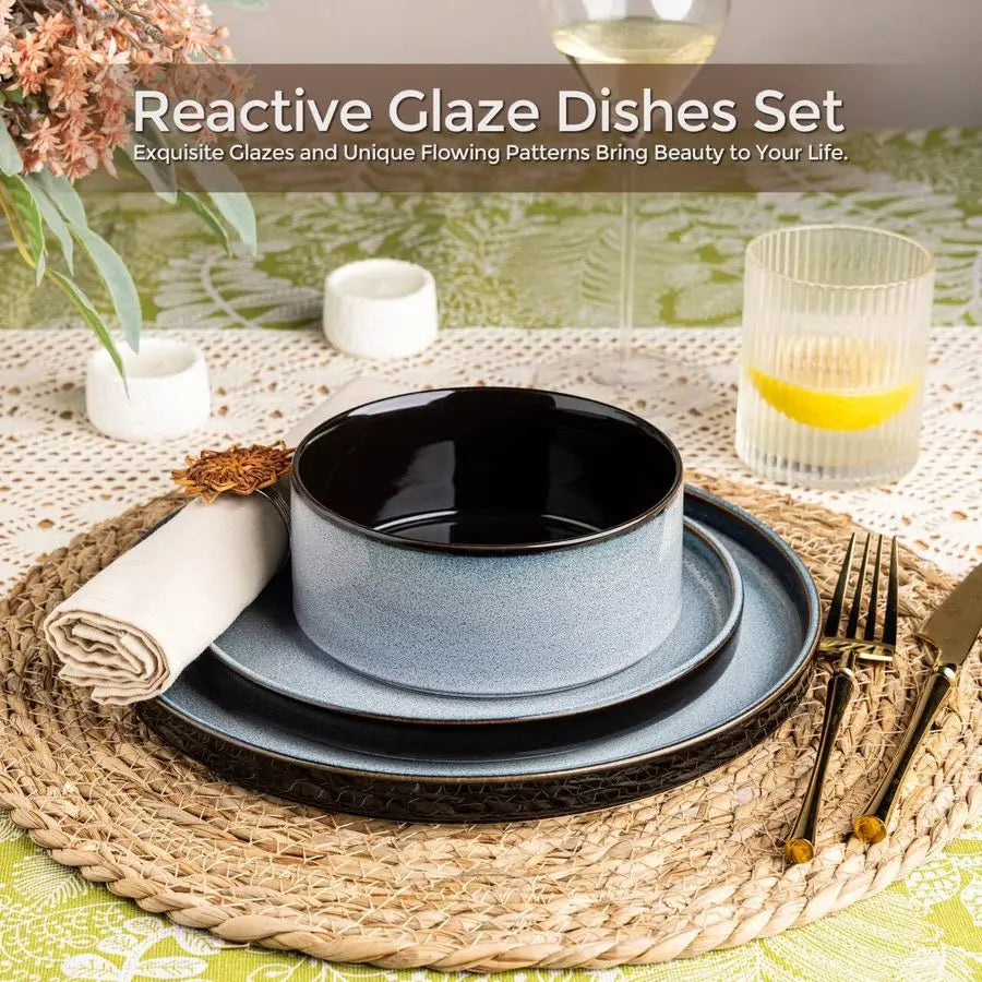 Reactive Glaze Ceramic Dinnerware Set for 4 — 12-Piece Plates & Bowls Set