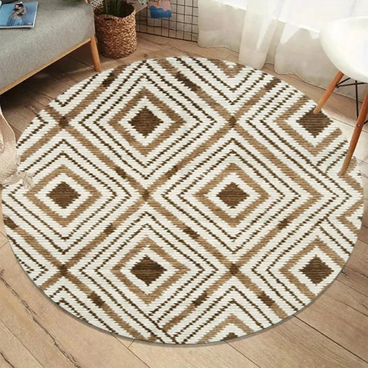 Boho Line Art Round Rug — Beige & Gray Abstract Non-Slip Mat for Living Room & Bedroom