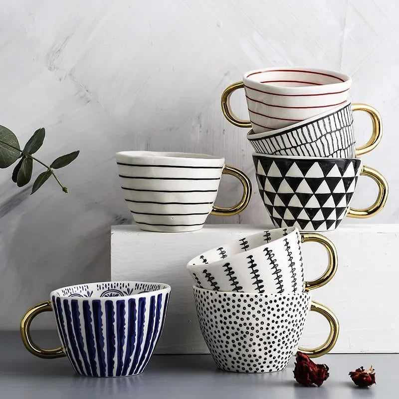 Hand-Painted Geometric Ceramic Mug with Gold Handle — Handmade Irregular Cup for Coffee & Tea