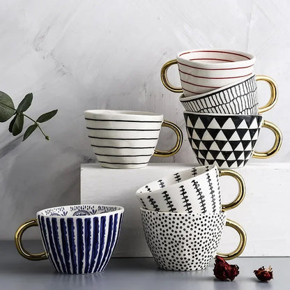 Hand-Painted Geometric Ceramic Mug with Gold Handle — Handmade Irregular Cup for Coffee & Tea