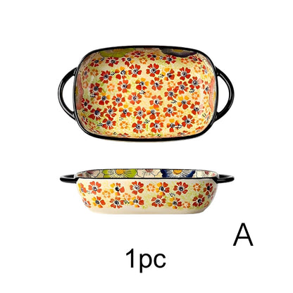 Hand-Painted Floral Porcelain Baking Dish Set — Oven Safe Au Gratin Dish with Handles in 3 Designs