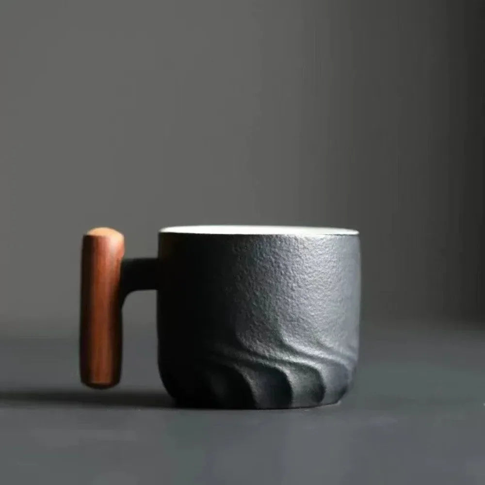 Handmade Kiln-Glazed Ceramic Espresso Mug with Wooden Handle — Retro Italian Style Coffee Cup