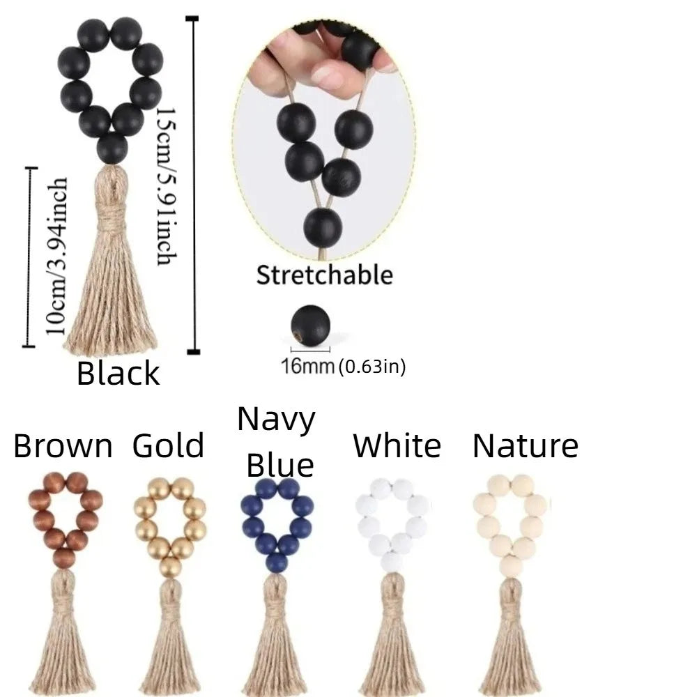Farmhouse Wooden Bead Napkin Rings — Set of 6 with Tassel String | Handmade Table Decor