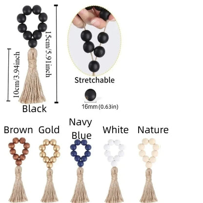 Farmhouse Wooden Bead Napkin Rings — Set of 6 with Tassel String | Handmade Table Decor