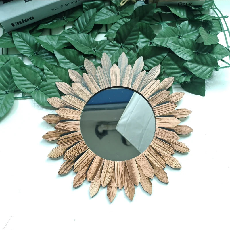 Bohemian Sunflower Wall Mirror — 30cm Wooden Decorative Mirror for Bedroom & Living Room