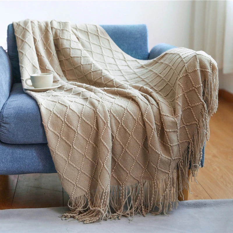 Diamond Knit Throw Blanket with Tassels | Boho Woven Acrylic Blanket