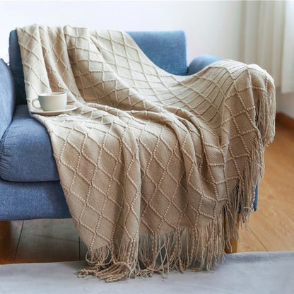 Diamond Knit Throw Blanket with Tassels | Boho Woven Acrylic Blanket
