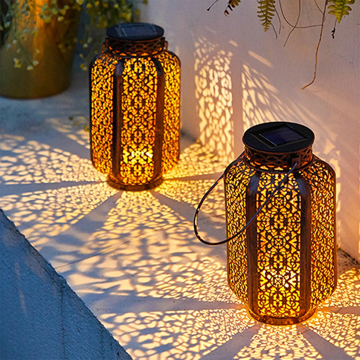 Retro Solar Hanging Lantern — Hollow Iron Outdoor Garden Light for Patio & Yard