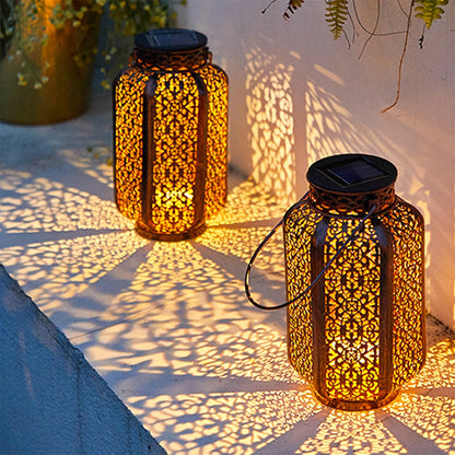 Retro Solar Hanging Lantern — Hollow Iron Outdoor Garden Light for Patio & Yard