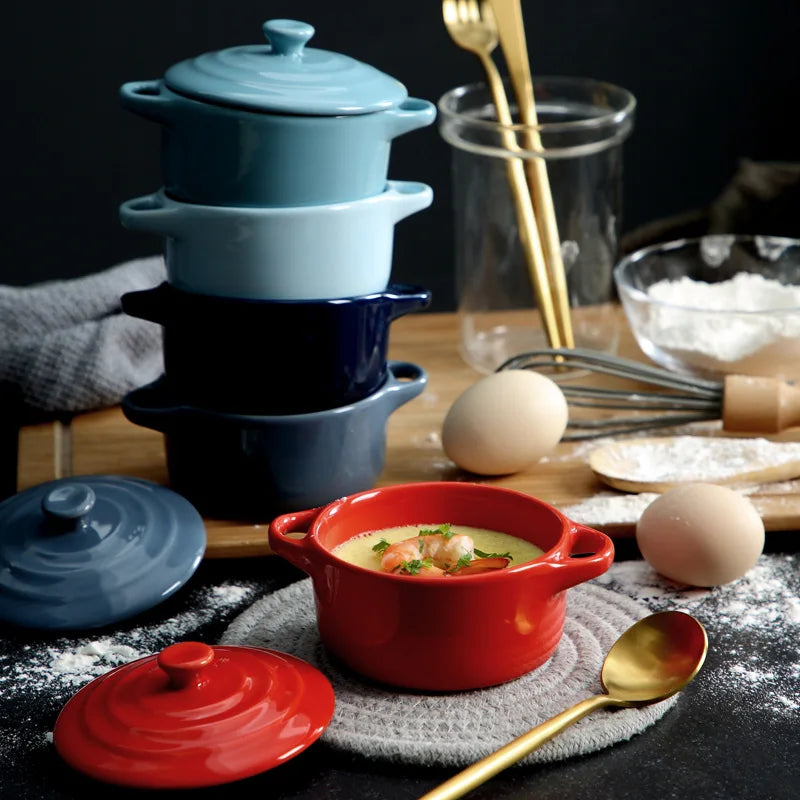 Ceramic Double Ear Bowl with Lid — Glazed Baking Bowl for Steamed Eggs, Soup & Pudding