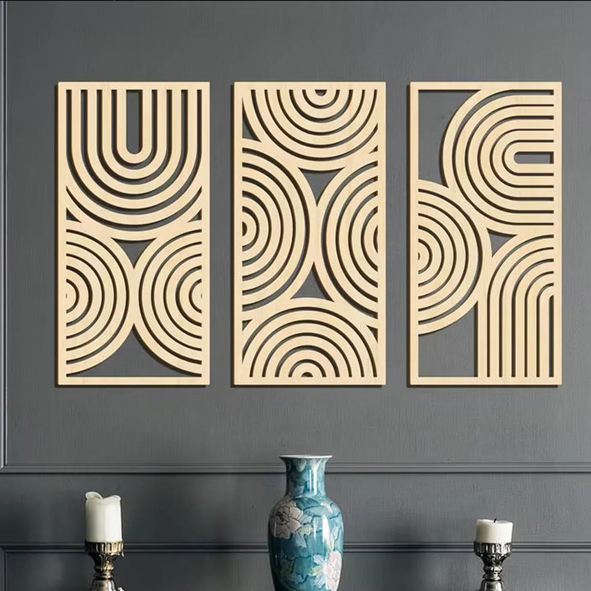 3-Piece Abstract Hollow Arch Wooden Wall Mural Set — Bohemian Wall Art for Kitchen, Bathroom & Living Room