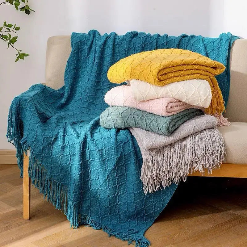 Diamond Knit Throw Blanket with Tassels | Boho Woven Acrylic Blanket