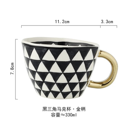 Hand-Painted Geometric Ceramic Mug with Gold Handle — Handmade Irregular Cup for Coffee & Tea