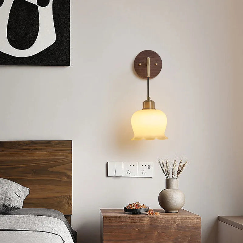 Japanese Retro Copper Wall Lamp — Walnut Wood & Frosted Glass Sconce for Bedroom & Hallway