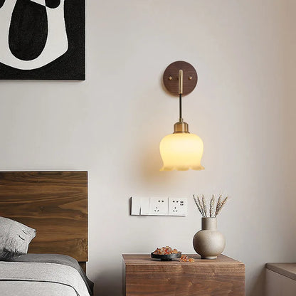Japanese Retro Copper Wall Lamp — Walnut Wood & Frosted Glass Sconce for Bedroom & Hallway