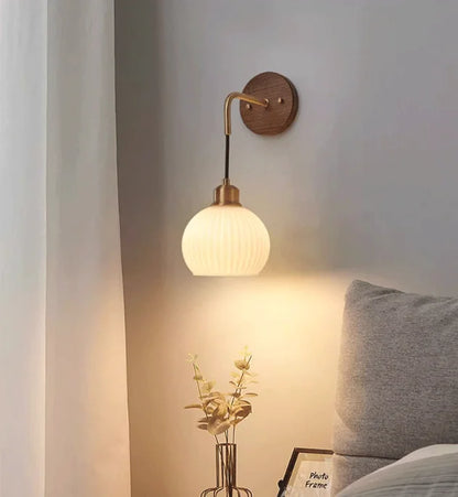 Japanese Retro Copper Wall Lamp — Walnut Wood & Frosted Glass Sconce for Bedroom & Hallway