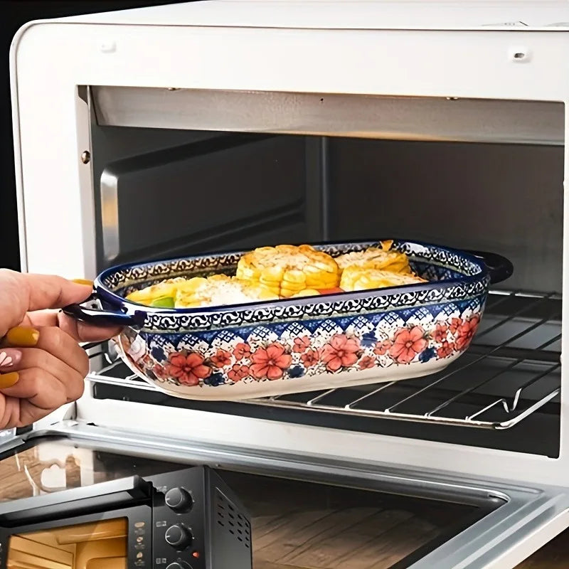 Hand-Painted Floral Ceramic Roasting Pan with Handles — Oven-Safe Casserole & Baking Dish