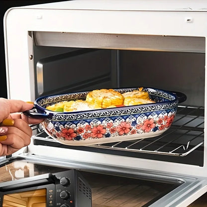 Hand-Painted Floral Ceramic Roasting Pan with Handles — Oven-Safe Casserole & Baking Dish